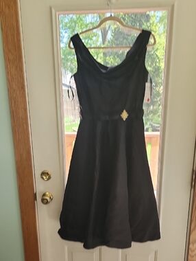 Unique Vintage Black Midi Dress with Gold-tone Brooch